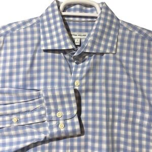Peter Millar Mens Blue White Plaid Cotton Button Down Shirt Large Long Sleeve